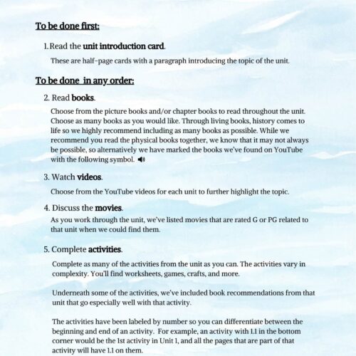 1. Alt text: Homeschool resource guide on how to teach a unit, including reading, videos, movies, activities, and chapter books for home education.