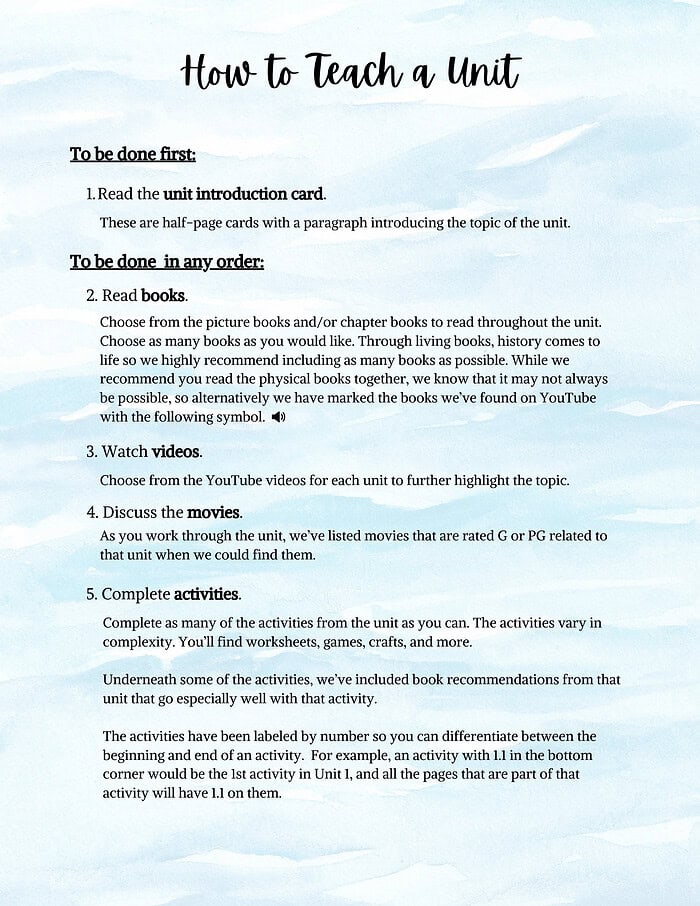3 1. Alt text: Homeschool resource guide on how to teach a unit, including reading, videos, movies, activities, and chapter books for home education.