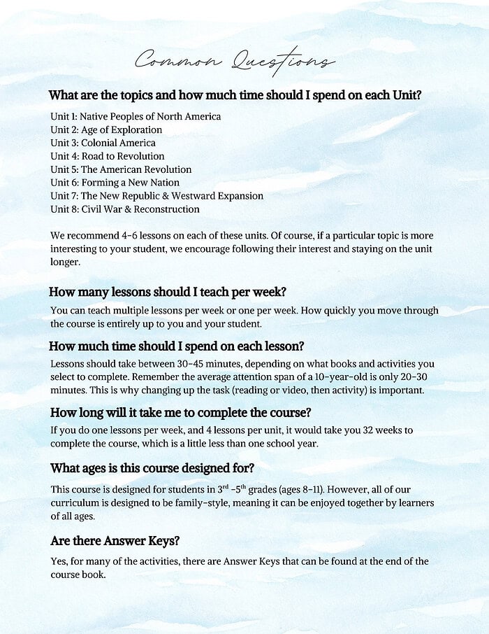 EAH- Common Questions Early American History Curriculum | Full-Year Course (1400–1877) | Grades 3–5