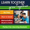 4 No Prep homeschool resources for young learners focusing on short, engaging lessons, memorization, music, and more; ideal for morning baskets and homeschooling success.