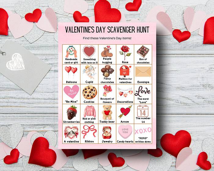 4 Valentine's Day Scavenger Hunt; Printable February Winter Holiday Activity for Kids (PDF Download)
