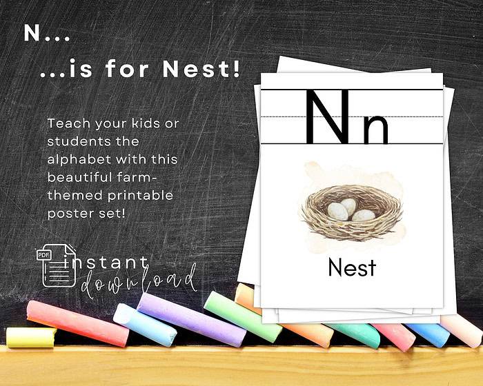4 Alt text: Alphabet N with illustration of nest, farm-themed printable poster for homeschooling, educational resource for teaching kids the alphabet.