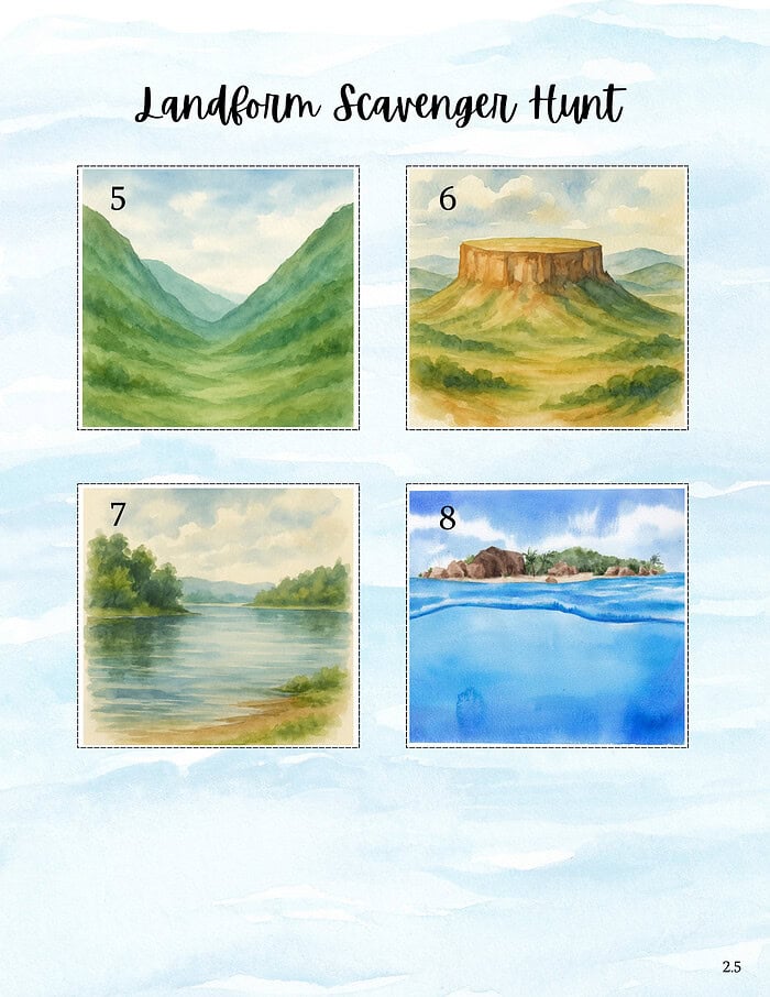 44 Bluelandscape with river and trees for homeschool scavenger hunt activity, perfect for homeschooling resources and outdoor learning exercises.