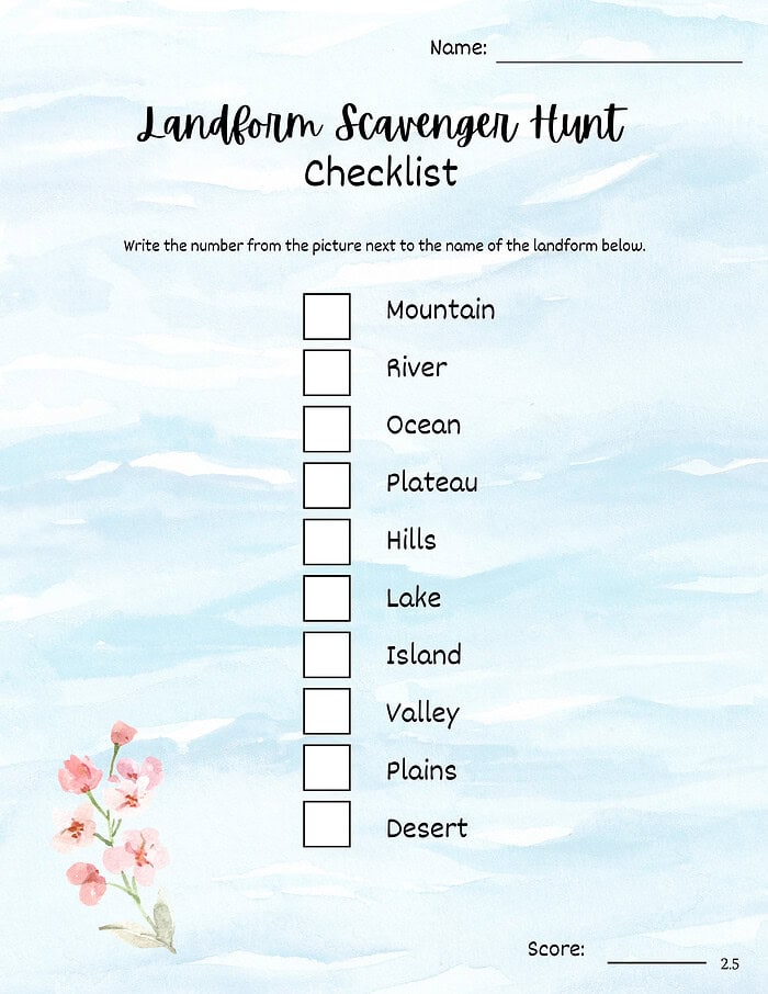 46 Colorful landform scavenger hunt worksheet with landscape illustrations, perfect for homeschooling geography, science, and outdoor education activities.