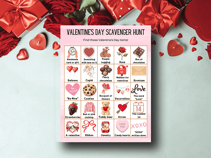 5 Pink Valentine's Day scavenger hunt worksheet with themed images and words, ideal for homeschooling activities and educational Valentine's Day crafts, encouraging learning and engagement.