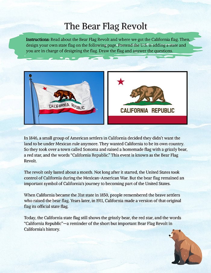 50 California state flag with bear and star, history of the Bear Flag Revolt, and educational content for homeschool learning on California history and flags.
