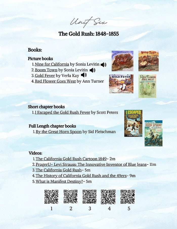 54 Audible picture books and educational resources about the California Gold Rush, suitable for homeschooling and history lessons.