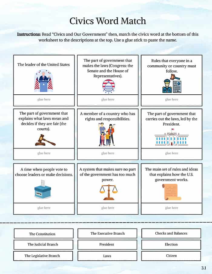 54 1. Printable civics worksheet for homeschool, teaching government, laws, citizen rights, and election concepts with engaging illustrations.