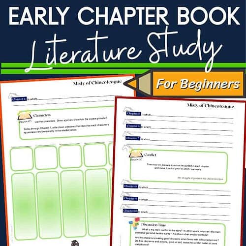 Literature study guide for homeschool early chapter book, beginner educational resources, literacy activities for homeschoolers, homeschool literacy teaching materials.