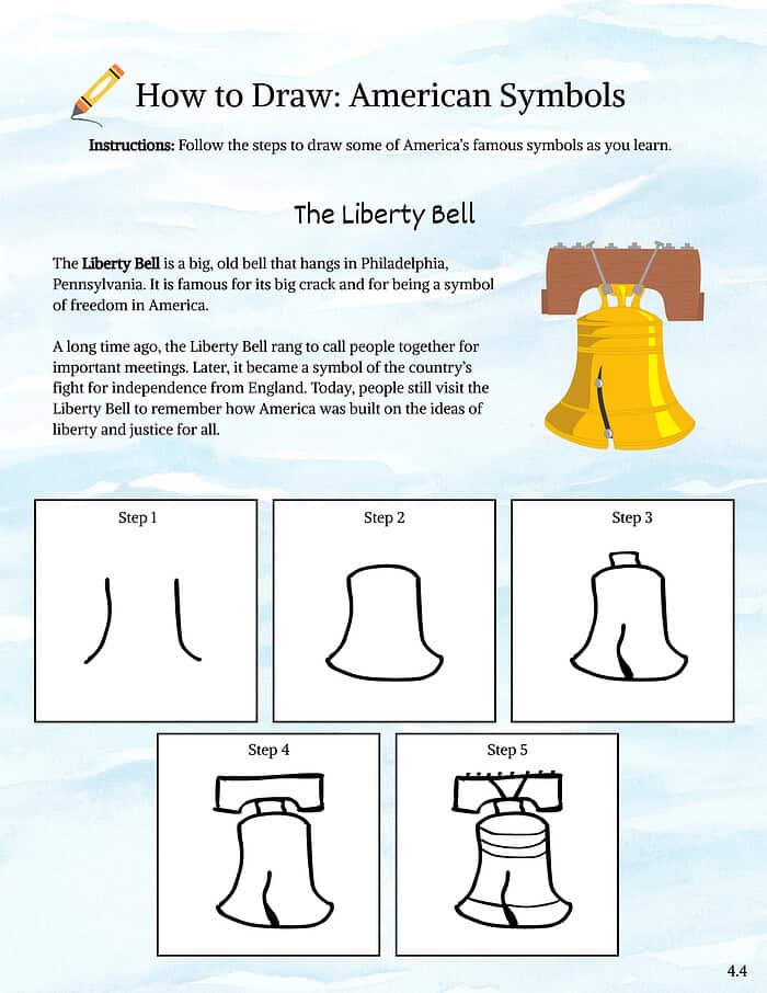80 Colorful educational sheet teaching how to draw the Liberty Bell, perfect for homeschool learning resources, American history, and citizenship education.