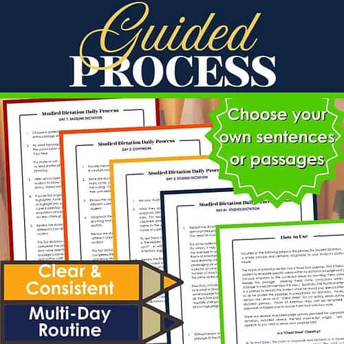 Studied dictation daily process sheets for guided homeschool instruction, helping students improve their writing and comprehension skills with a clear, consistent, multi-day routine.