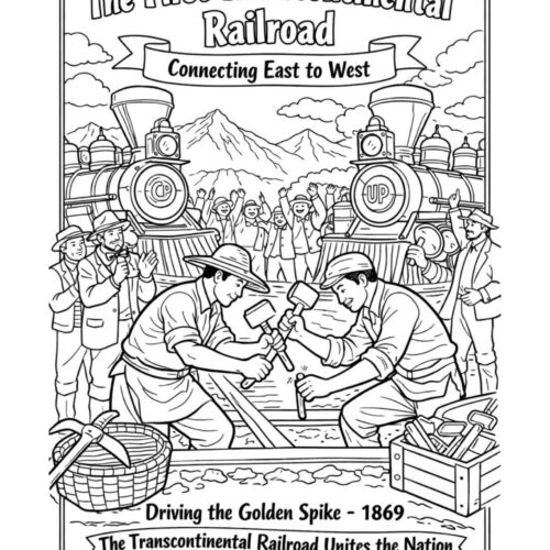 1. Black and white coloring page of the transcontinental railroad connecting east to west, showing historic trains, workers, and mountains, perfect for homeschool history and geography lessons.