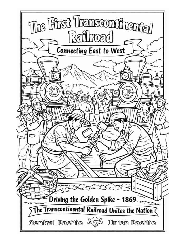 California History (20) 1. Black and white coloring page of the transcontinental railroad connecting east to west, showing historic trains, workers, and mountains, perfect for homeschool history and geography lessons.