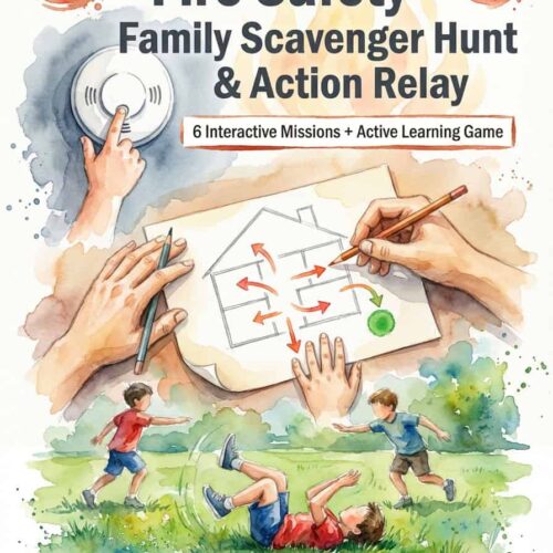 1. Fire safety family scavenger hunt and action relay for kids, educational activity with interactive missions to teach fire safety and emergency preparedness.