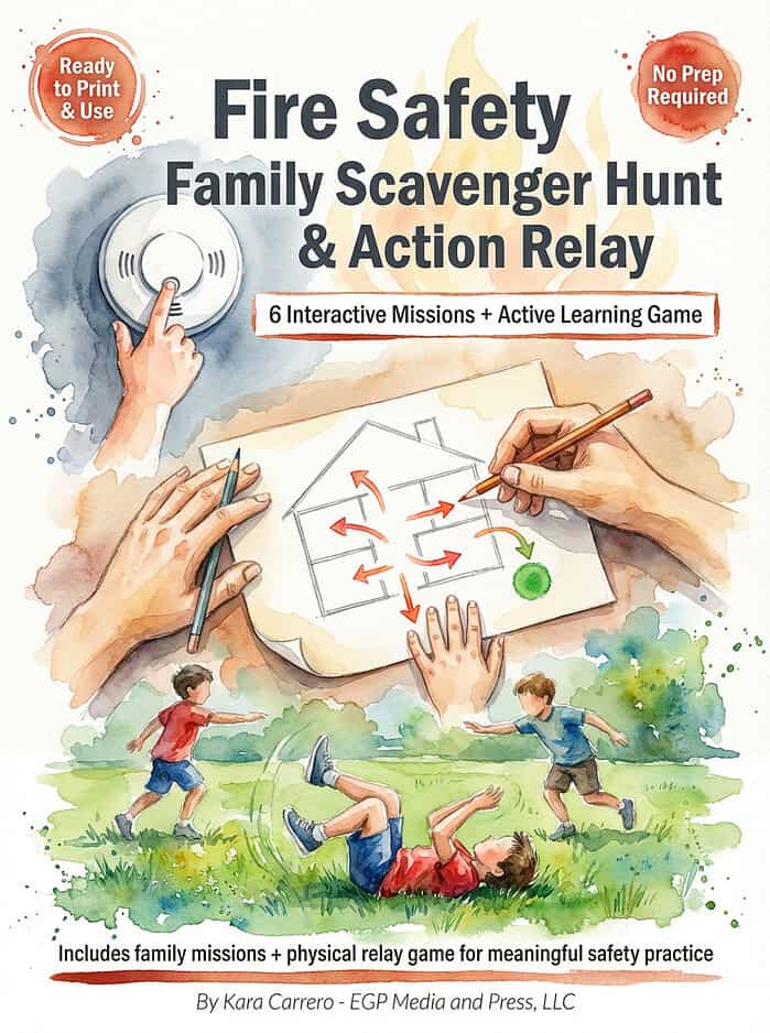 Fire Safety Family Scavenger Hunt Cover 1. Fire safety family scavenger hunt and action relay for kids, educational activity with interactive missions to teach fire safety and emergency preparedness.