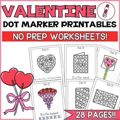 Flag Logo Colorful Valentine's Day-themed dot marker printables for kids, featuring heart and flower designs, perfect for homeschool activities, no prep worksheets, 28 pages of engaging educational fun.