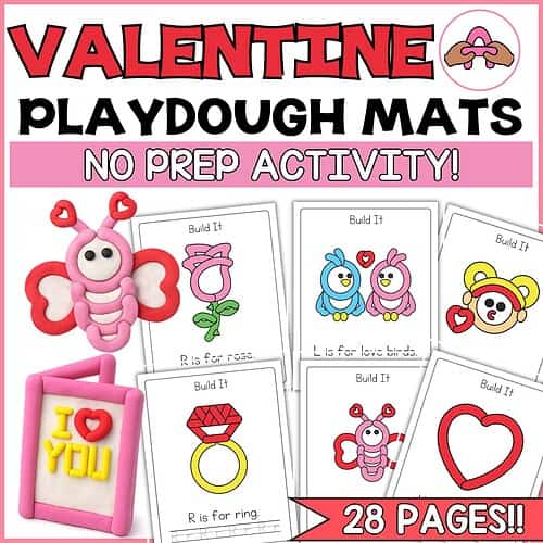Flag Logo Colorful Valentine's Day themed playdough mats for homeschool, featuring no prep activity sheets to build love-themed shapes and objects, perfect for preschool and kindergarten classroom activities.