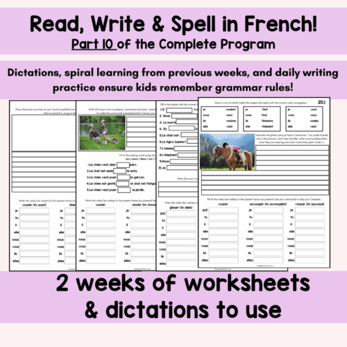 1. French language learning worksheets for homeschool kids focusing on reading, writing, spelling, verbs, and dictations to enhance bilingual education and grammar skills.