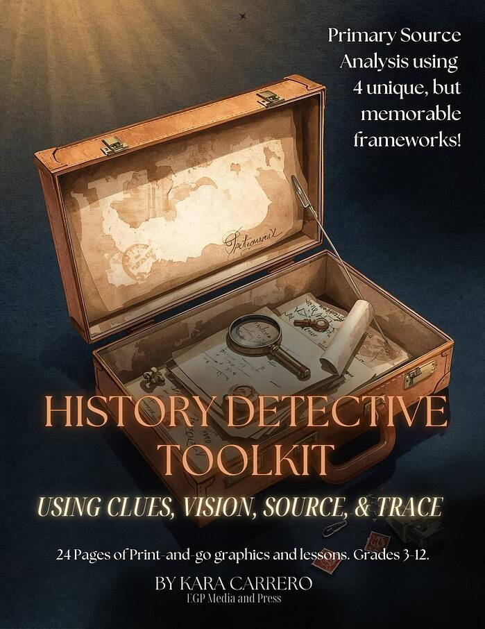 1. Vintage-style detective toolkit for homeschool history lessons with clues, maps, and tracing activities, ideal for grades 3-12.