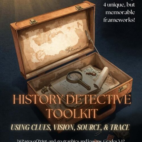 1. Vintage-style detective toolkit for homeschool history lessons with clues, maps, and tracing activities, ideal for grades 3-12.