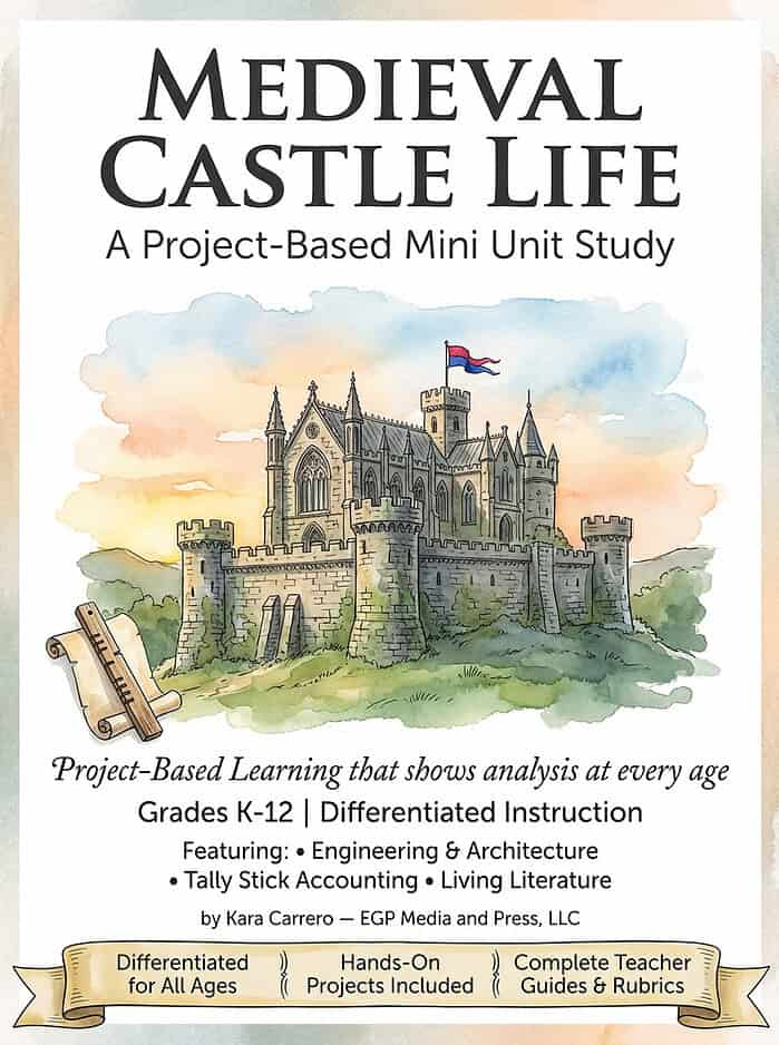 Medieval+Castle+Life+Cover 1. Medieval castle life project-based mini unit study for homeschool, grades K-12, emphasizes engineering, architecture, tally stick accounting, and living literature for homeschool resources.