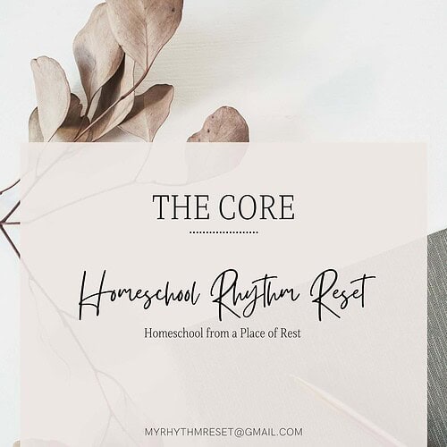 1. Inspirational image for homeschool rhythm reset, featuring neutral tones, dried leaves, a notebook, and elegant handwritten text promoting homeschool organization and renewal.