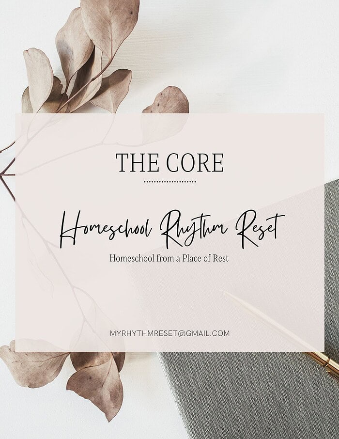 Minimalist Course Workbook 1. Inspirational image for homeschool rhythm reset, featuring neutral tones, dried leaves, a notebook, and elegant handwritten text promoting homeschool organization and renewal.