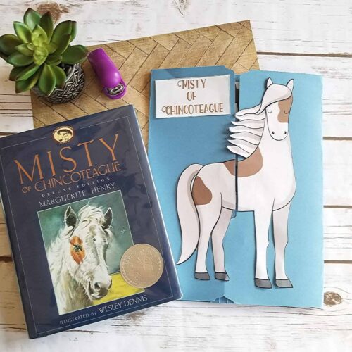 A children’s book, educational craft materials, and a potted succulent plant for homeschooling; inspired by "Misty of Chincoteague" by Marguerite Henry, perfect for homeschool science and reading activities.