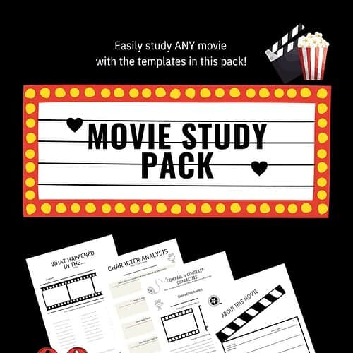 1. Homeschool movie study pack with templates for analyzing films, character analysis, and movie reviews for homeschool education and activities.