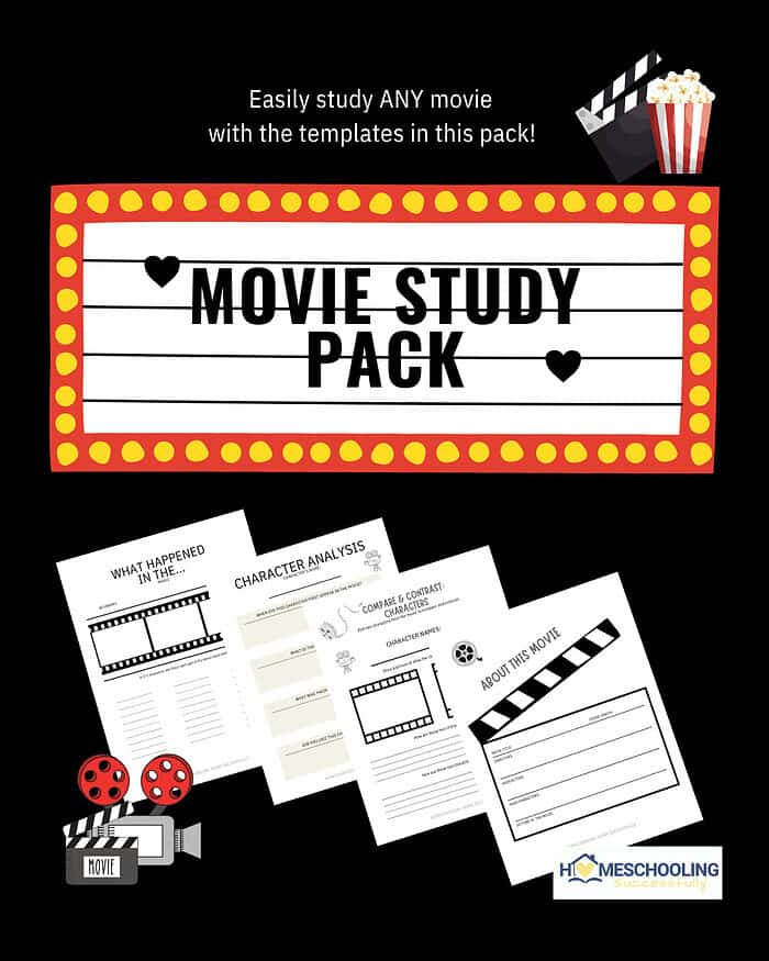 Movie study Pack cover SQ 2 1. Homeschool movie study pack with templates for analyzing films, character analysis, and movie reviews for homeschool education and activities.