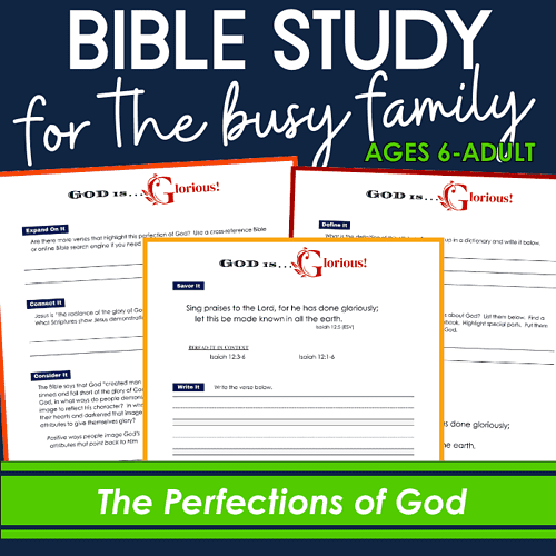 God Bible study resources for homeschooling, for ages 6 to adult, focusing on the Perfections of God and biblical teachings, perfect for busy families seeking faith-based education.