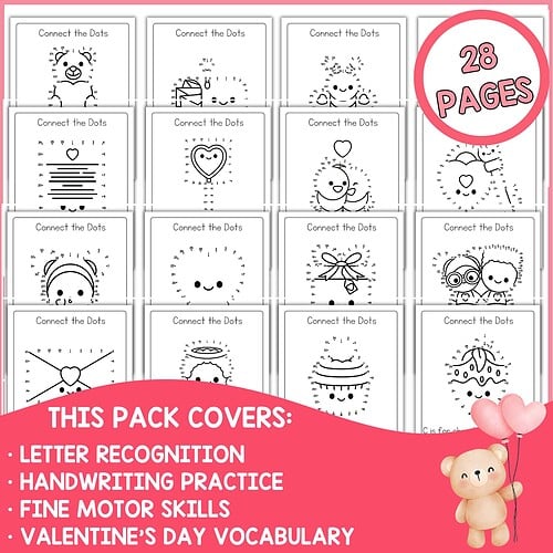 Colorful letter recognition and handwriting practice worksheets featuring cute animal and holiday-themed connect-the-dots images for preschool and kindergarten students.