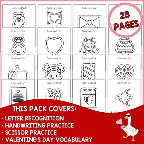 1. Coloring and cutting printable worksheets featuring Valentine's Day themes such as hearts, teddy bears, and candies for preschool homeschool activities.