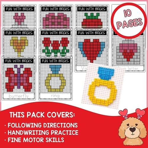 Pink, yellow, red, green, purple, and blue pixel art brick patterns for children's craft and educational activities on printable activity sheets.