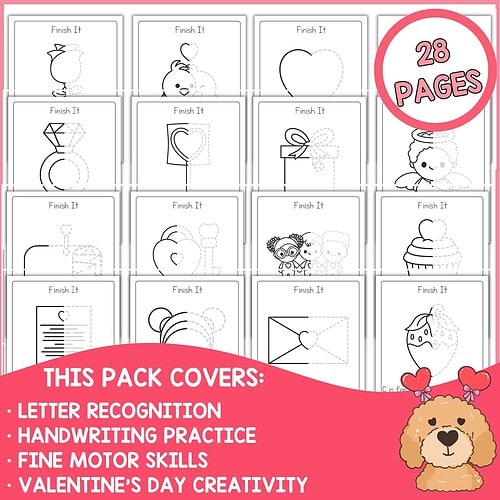 Tracing and coloring Valentine’s Day themed worksheets for kids, featuring letter recognition, handwriting practice, fine motor skills, and creative activities from Homeschool Resource Co.