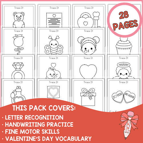 1. Printable Valentine’s Day tracing pages for kids featuring cute characters, hearts, and gifts to practice letter recognition, handwriting, and fine motor skills in homeschool or classroom settings.