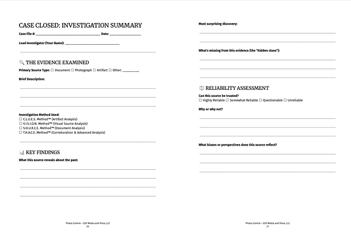 Investigation summary template for homeschool research, including evidence analysis, reliability assessment, and key findings for homeschool resource planning and curriculum development.