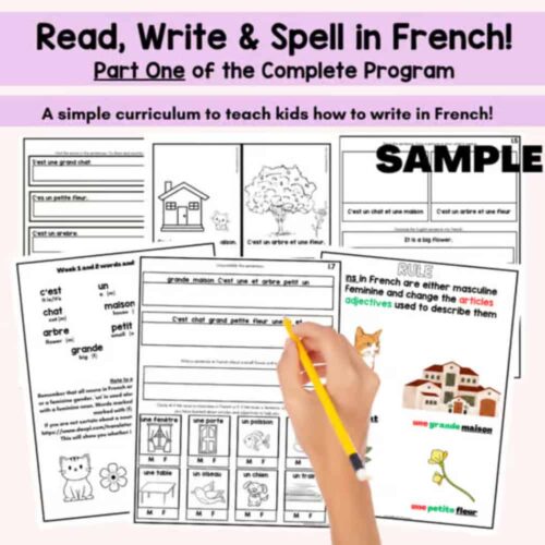 French homeschool curriculum for kids to learn reading, writing, and spelling in French; includes worksheets on grammar, vocabulary, and adjectives for homeschooling.