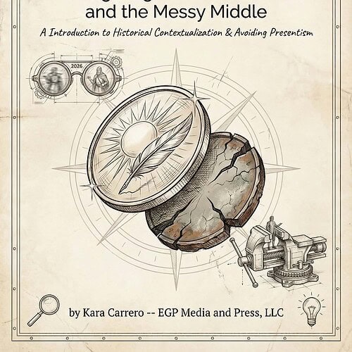 Bubble tea with a large cracked cookie and a vintage compass illustration on the cover of "The Time Machine Rule" book, focusing on homeschool history and literature resources at Homeschool Resource Co.