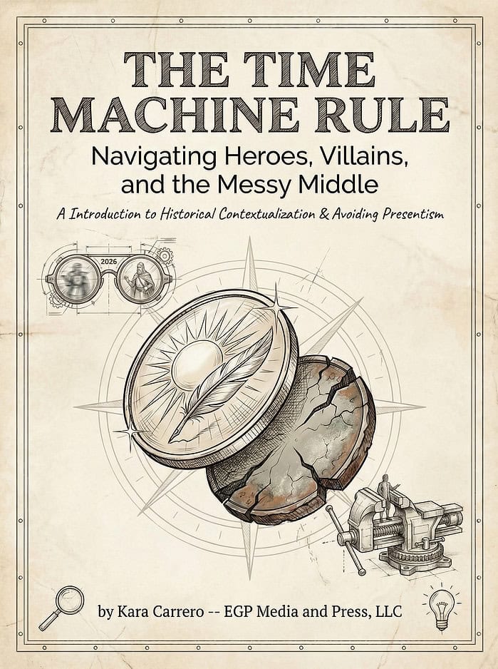 Bubble tea with a large cracked cookie and a vintage compass illustration on the cover of "The Time Machine Rule" book, focusing on homeschool history and literature resources at Homeschool Resource Co.