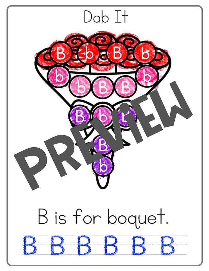 Valentine Dot Marker Pages Preview Brightly colored ABC worksheet featuring B for bouquet, designed for homeschooling early learners, with tracing activities and fun illustrations to enhance letter recognition and handwriting skills.