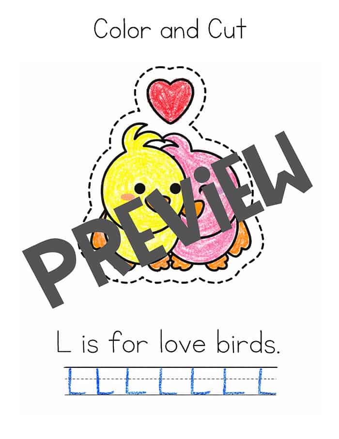 Valentine Tracing Pages Preview Color and cut activity sheet featuring adorable chicks and a heart, designed for preschool and kindergarten learning, perfect for homeschooling, early childhood education, and literacy skills development.