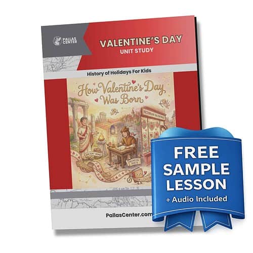 Valentines Pallas Square Product Covers (1) Ancient Rome themed homeschool history lesson on Valentine's Day, includes unit study with audio sample, perfect for homeschooling resources and history education.