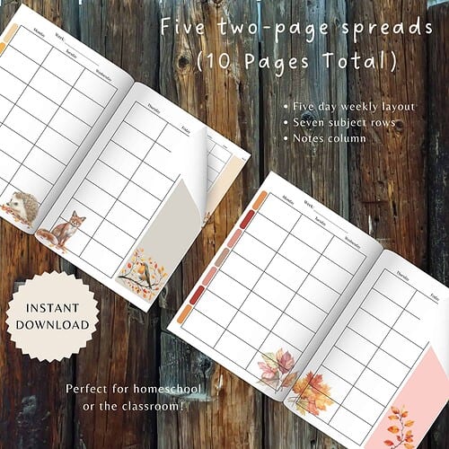 WeeklyLessonPlanWoodlandMockups1 Homeschool Weekly Lesson Plan, Printable Instant Download, Woodland and Forest Themed Two Page Spread