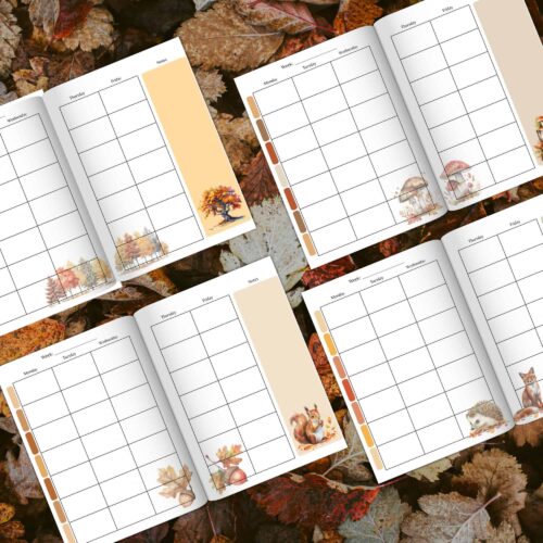 WeeklyLessonPlanWoodlandMockups2 Vibrant fall-themed homeschooling weekly planner with colorful autumn leaves and adorable woodland animal illustrations for organized homeschooling schedules.