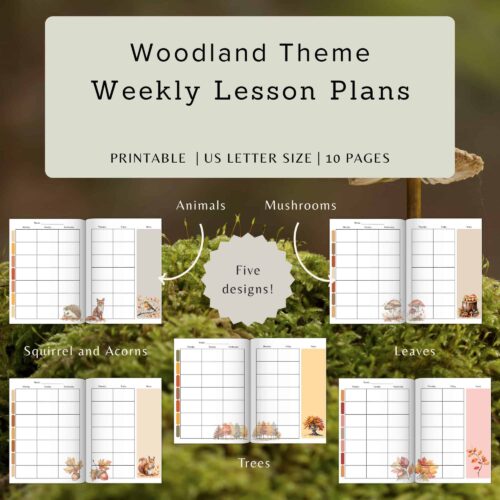 Weekly woodland themed homeschool lesson plan templates featuring animals, mushrooms, squirrels, acorns, leaves, and trees for homeschooling resources. Perfect for preschool and elementary education.