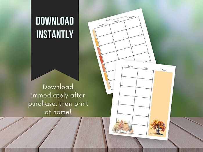 WeeklyLessonPlanWoodlandMockups4 1. Printable weekly & daily homeschool planner pages for organizational success, featuring colorful tabs and autumn-themed designs for homeschooling consistency.