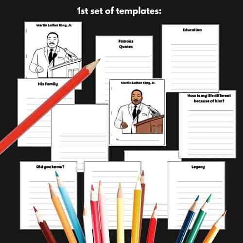 Martin Luther King Jr. homeschool resource, educational printable worksheets on his life, quotes, legacy, and family, ideal for homeschooling and teaching history and social studies.