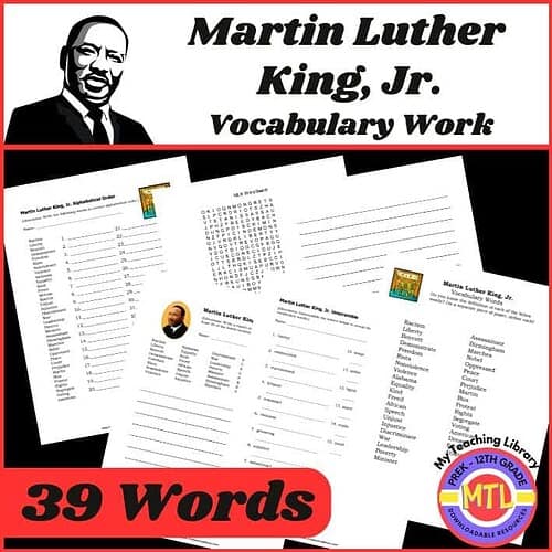 Z-199-MLK-Vocabulary-cover.jpg Martin Luther King Jr. vocabulary work sheet for homeschool, includes 39 key words, definitions, and activities, ideal for preschool to 12th-grade students to enhance language skills and historical knowledge.