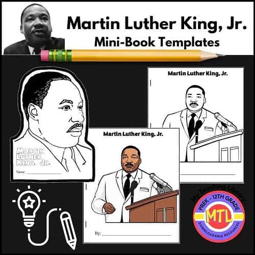 Martin Luther King Jr. mini-book templates for homeschooling, featuring black-and-white and color illustrations, ideal for teaching preschool to 12th-grade students about civil rights history.